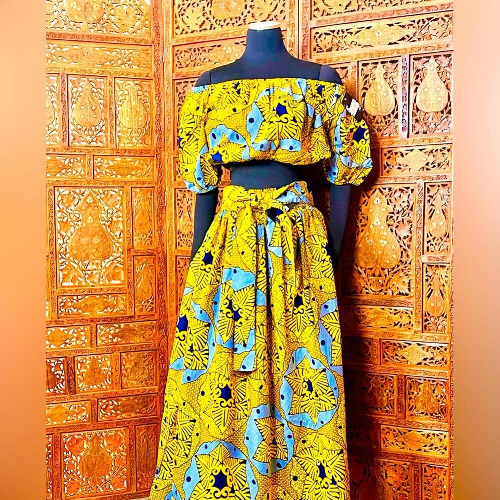 Women’s Ankara African Tribal Print Two Piece Skirt Set & Head Wrap. NWT